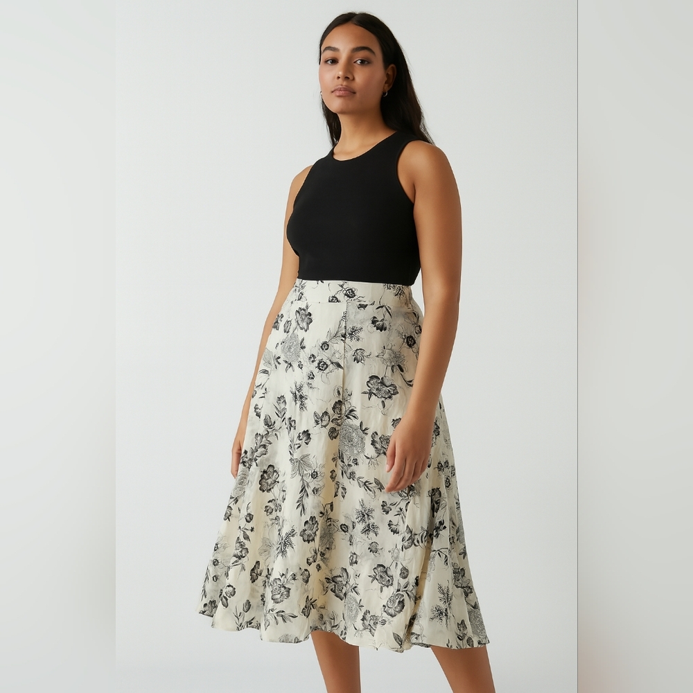 WHITE HOUSE BLACK MARKET Office Black and Cream White‎ Floral A-Line Silk Skirt